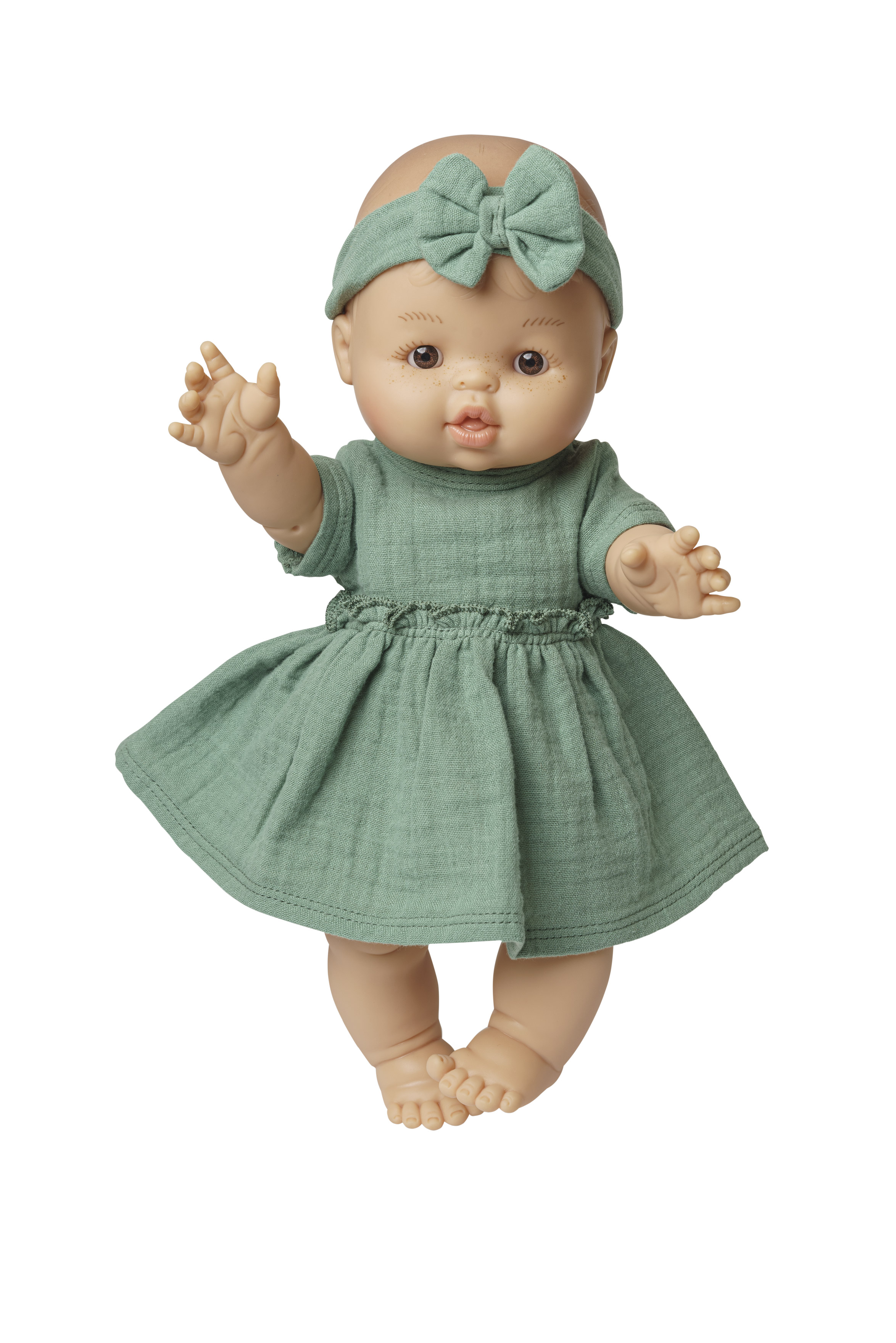 Set: Girl doll with organic dress, sage green, 34 cm