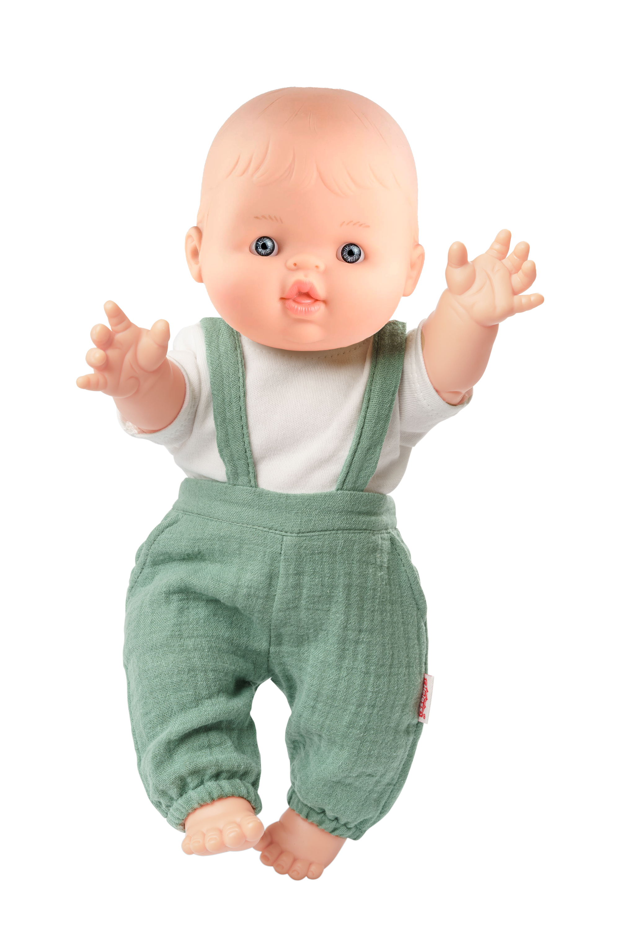 Set: Boy doll with organic dungarees, sage green, 34 cm