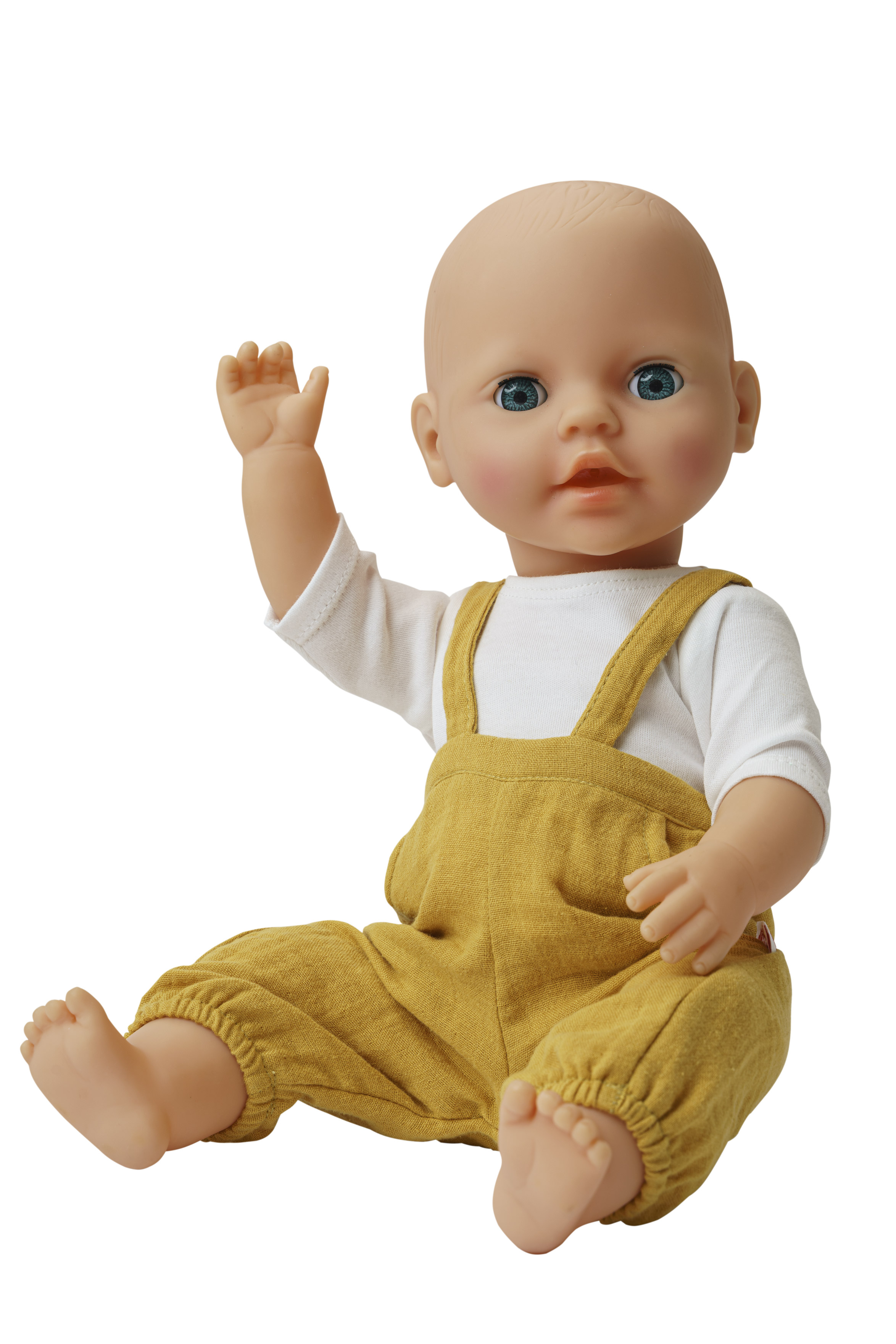 Puppen-Latzhose aus 100 % Bio-Baumwolle, honiggelb, mit weißem T-Shirt, 2-teilig, Gr. 28-35 cm