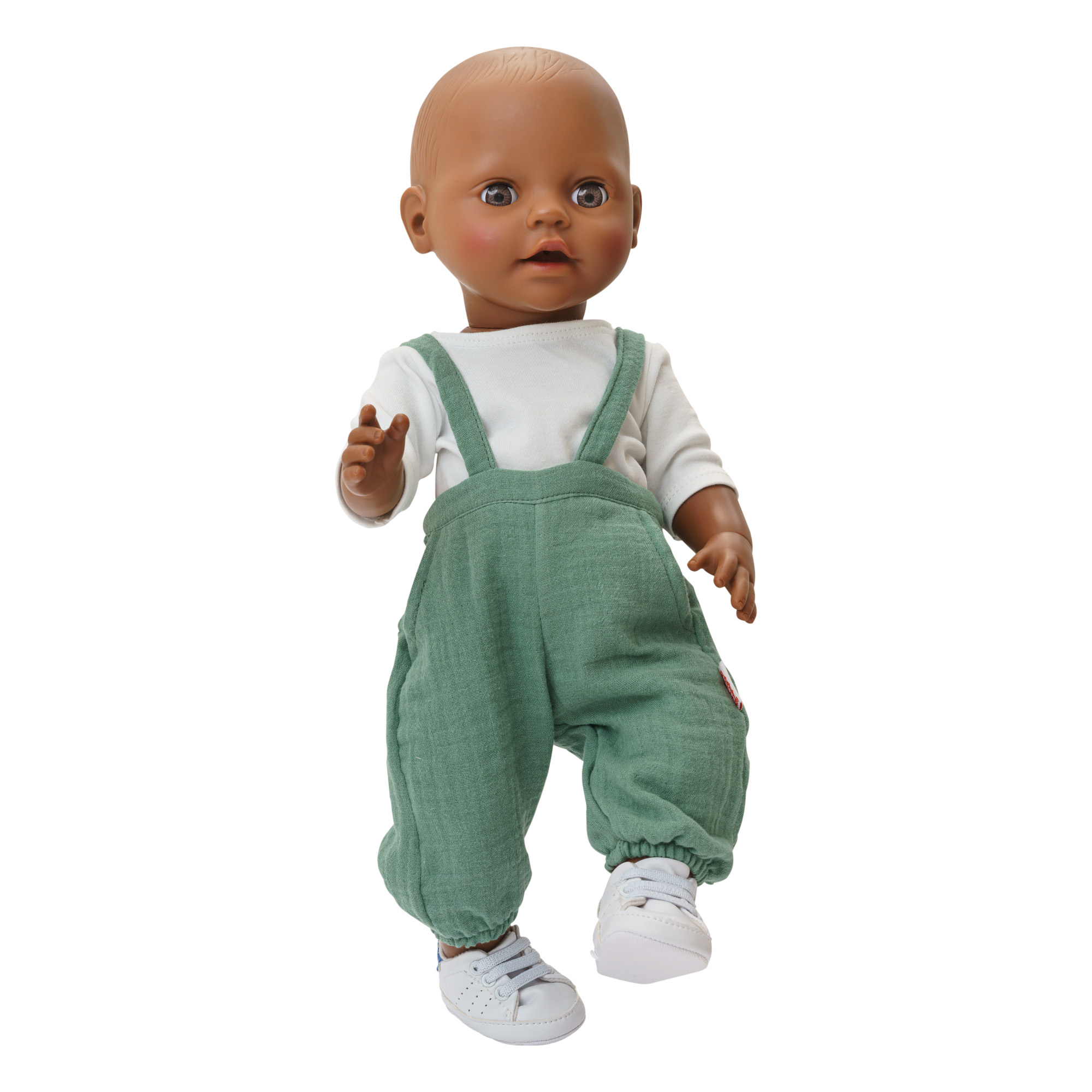 Doll dungarees made of 100% organic cotton, sage green, with white shirt, 2 pieces, size 35-45 cm