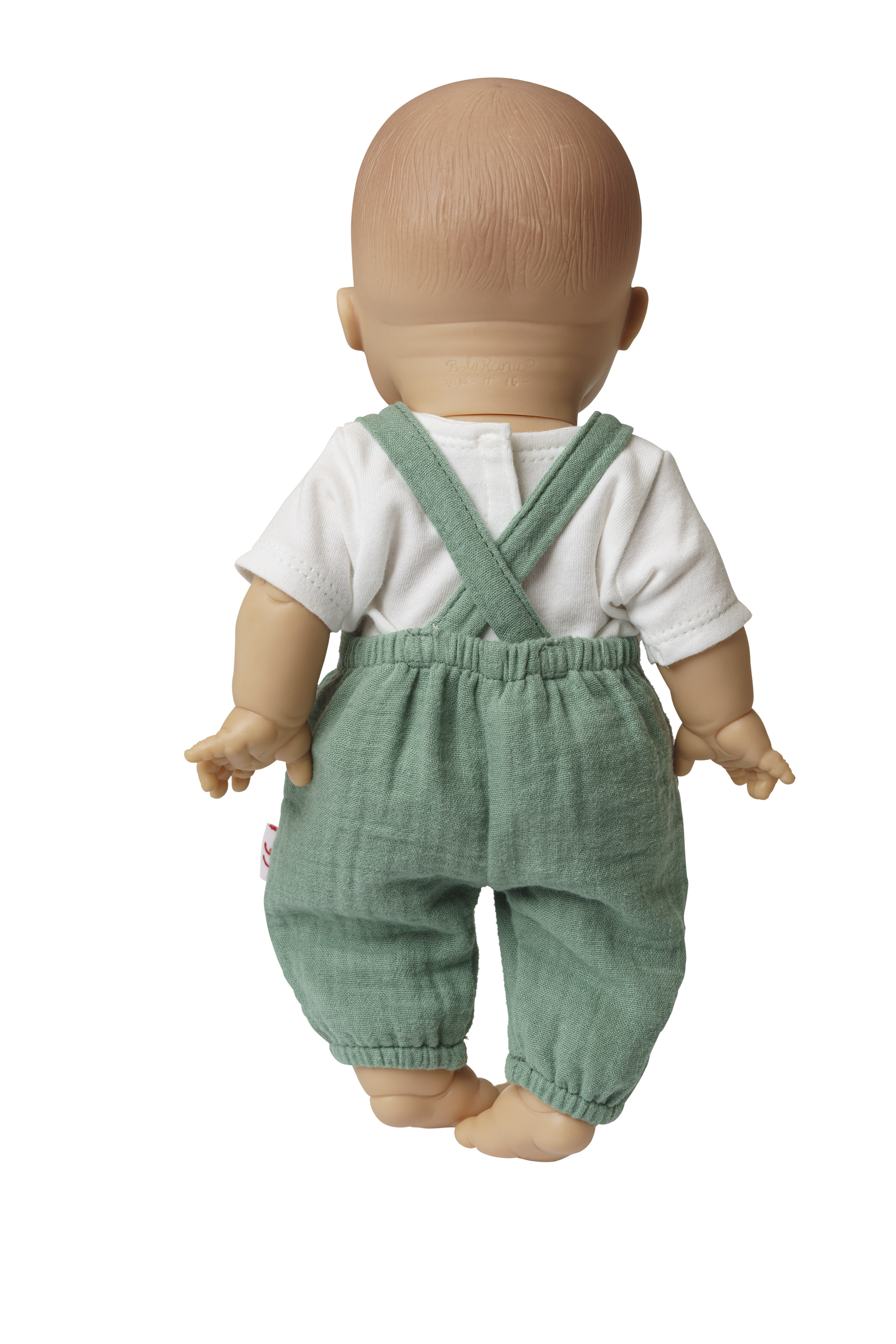 Puppen-Latzhose aus 100 % Bio-Baumwolle, salbeigrün, mit weißem T-Shirt, 2-teilig, Gr. 35-45 cm