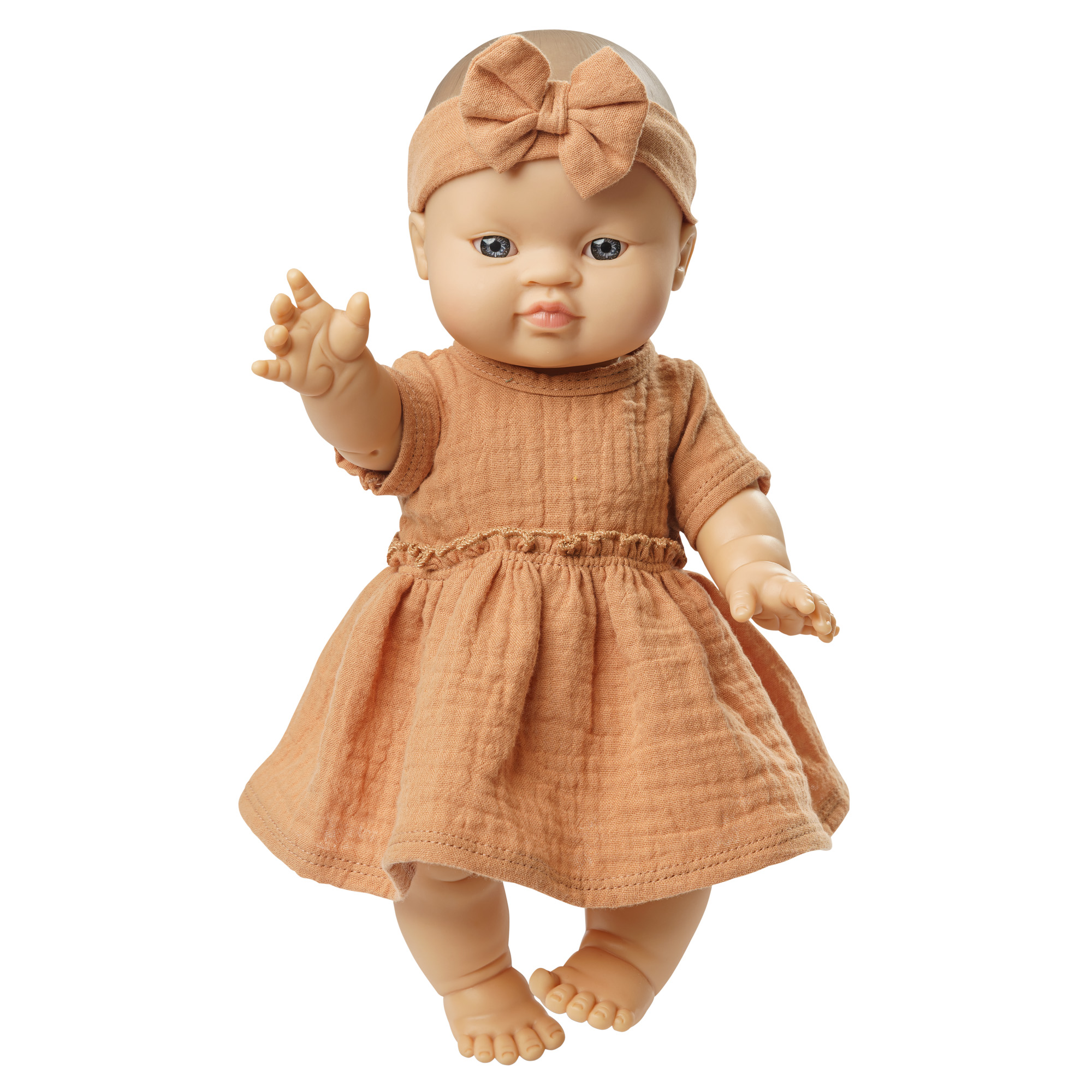 Doll dress made of 100% organic cotton with ruffles and hairband, caramel, 2 pieces, size 35-45 cm