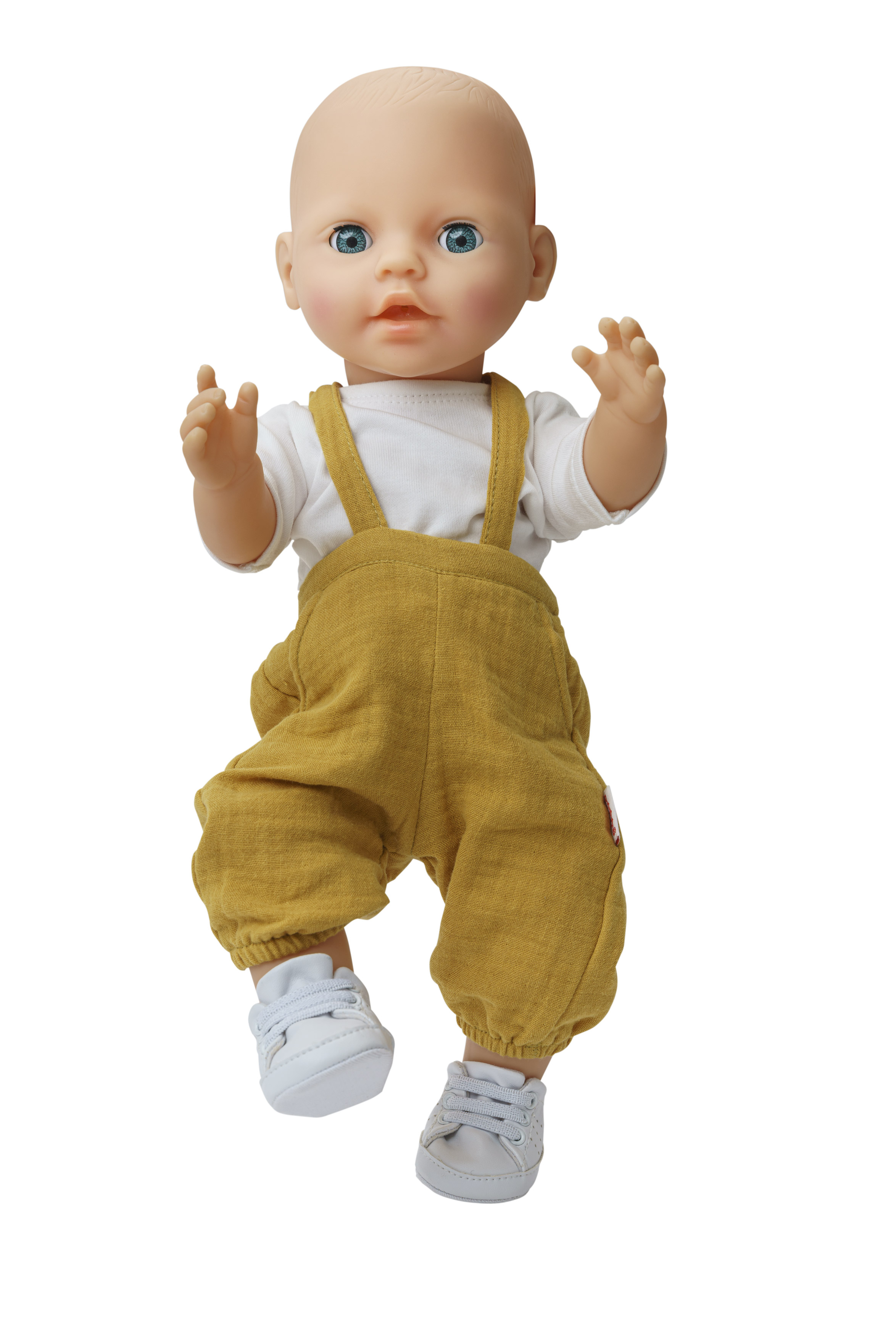 Puppen-Latzhose aus 100 % Bio-Baumwolle, honiggelb, mit weißem T-Shirt, 2-teilig, Gr. 35-45 cm