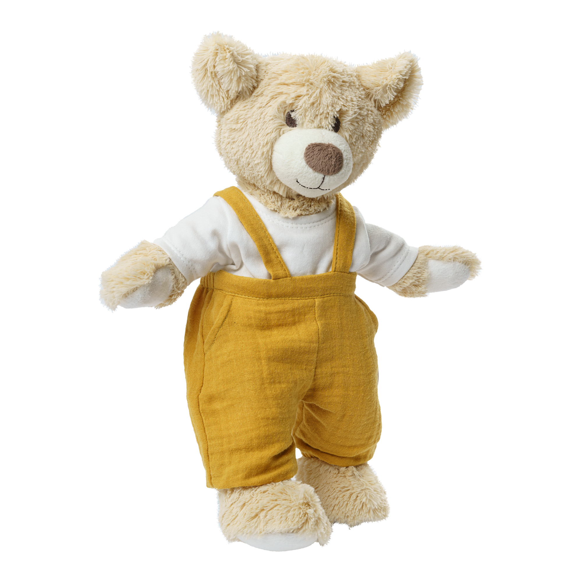 Doll dungarees made of 100% organic cotton, honey yellow, with white shirt, 2 pieces, size 35-45 cm