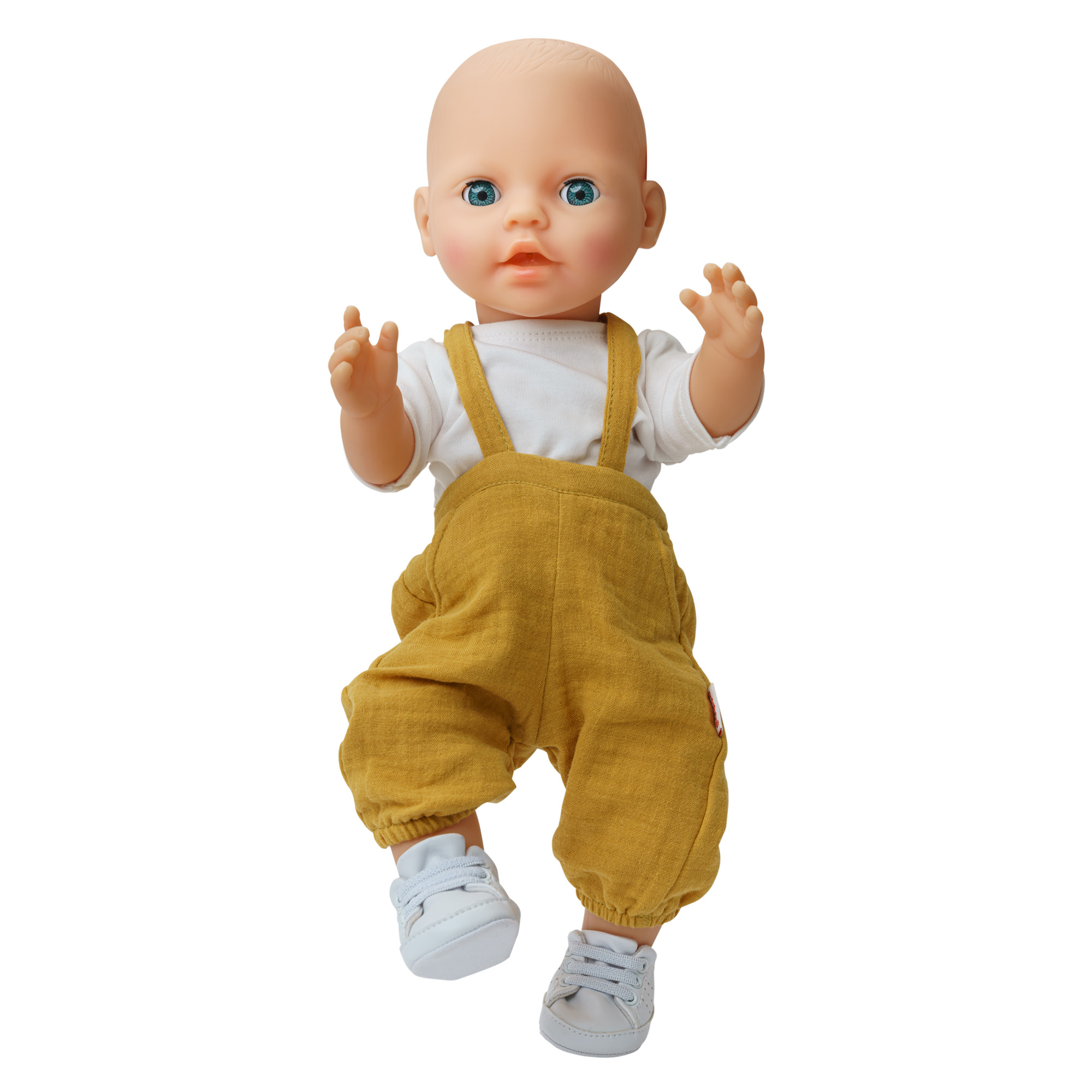 Doll dungarees made of 100% organic cotton, honey yellow, with white shirt, 2 pieces, size 35-45 cm