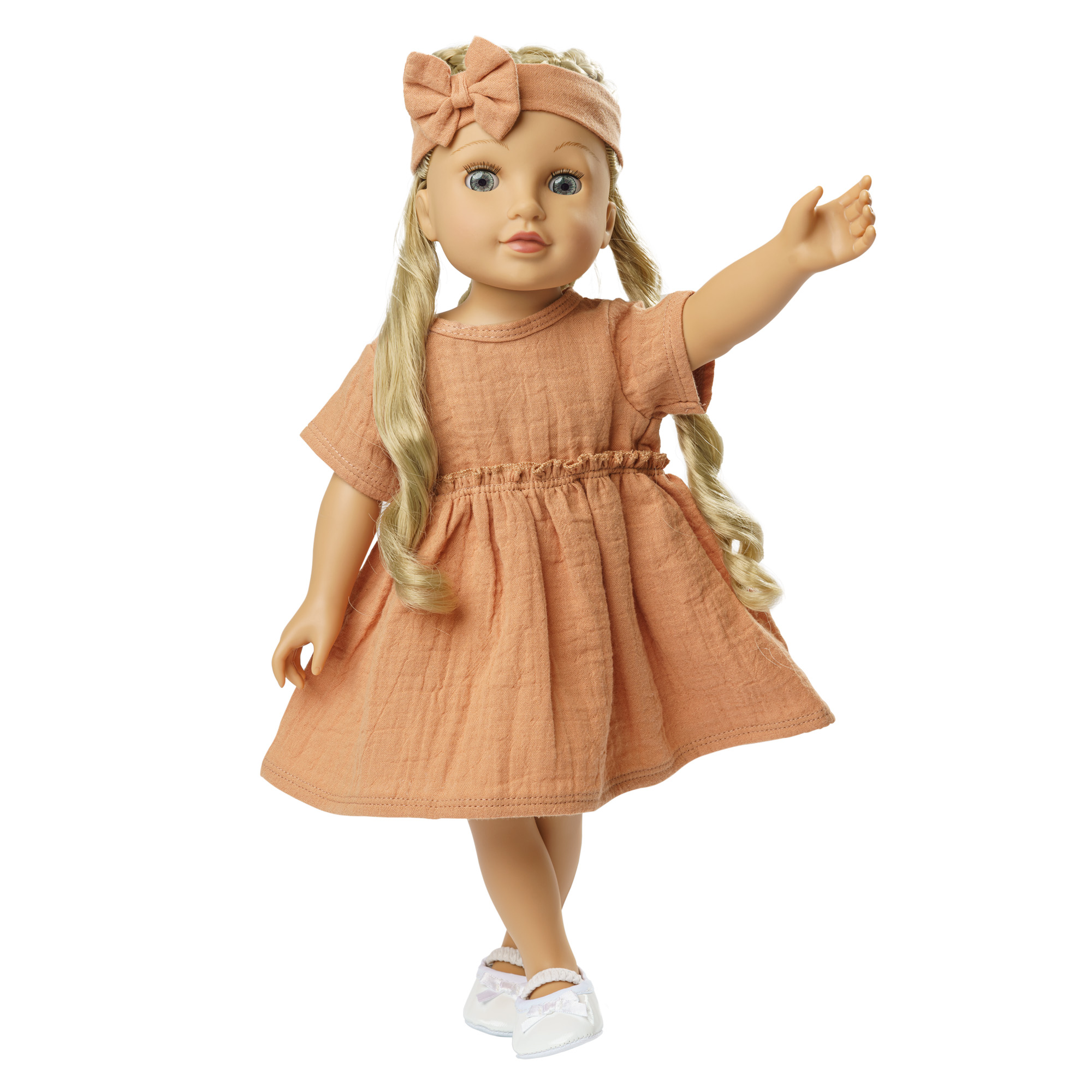 Doll dress made of 100% organic cotton with ruffles and hairband, caramel, 2 pieces, size 28-35 cm