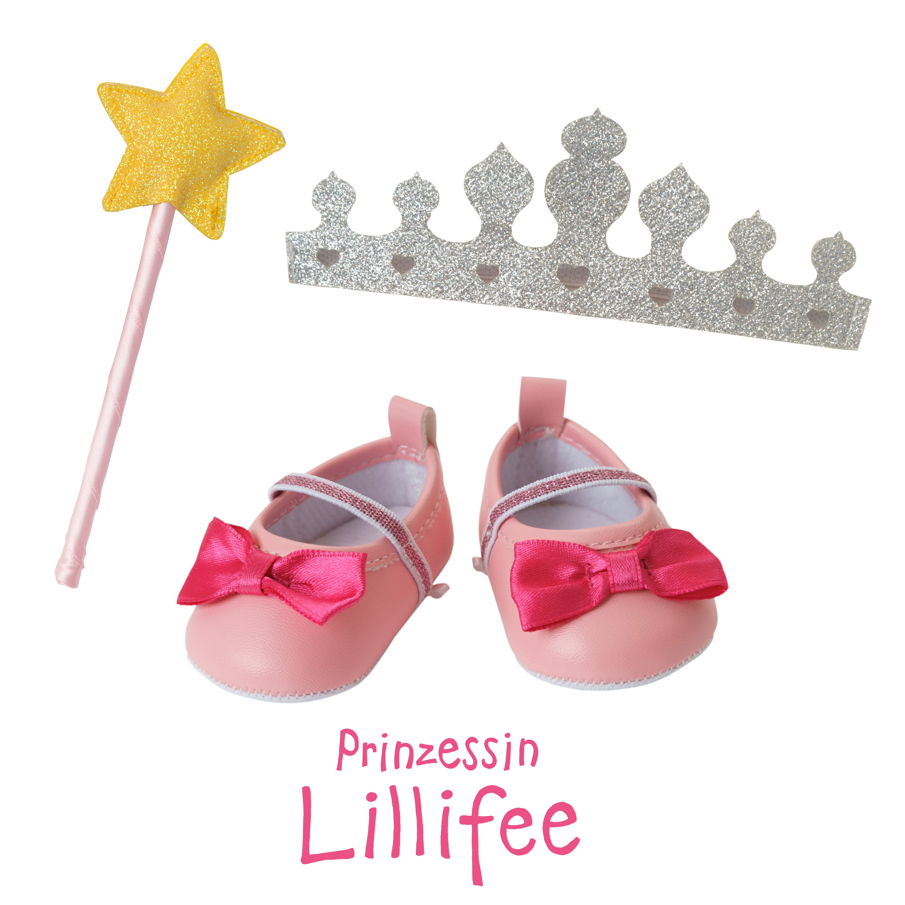 Puppen-Accessoires-Set "Prinzessin Lillifee", 3-teilig : Ballerinas, Glitzerkrone und Zauberstab, Gr. 30-34 cm