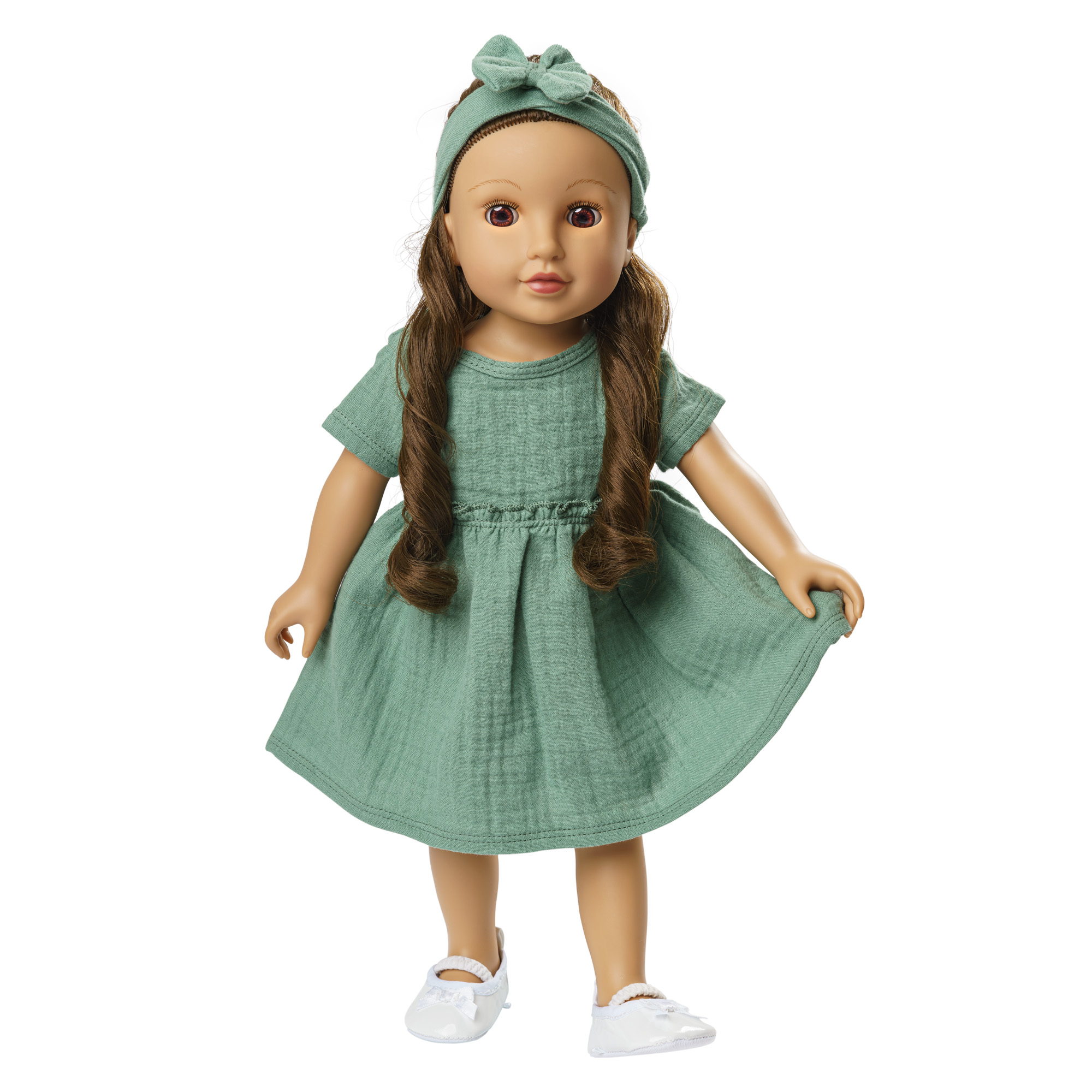 Doll dress made of 100% organic cotton with ruffles and hairband, sage green, 2 pieces, size 35-45 cm