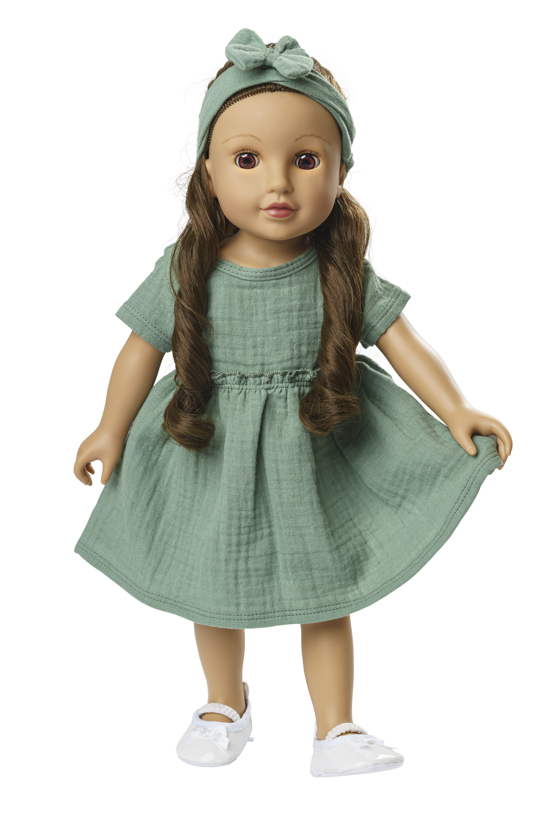 Puppenkleid aus 100 % Bio-Baumwolle mit Rüschen und Haarband, salbeigrün, 2-teilig, Gr. 35-45 cm
