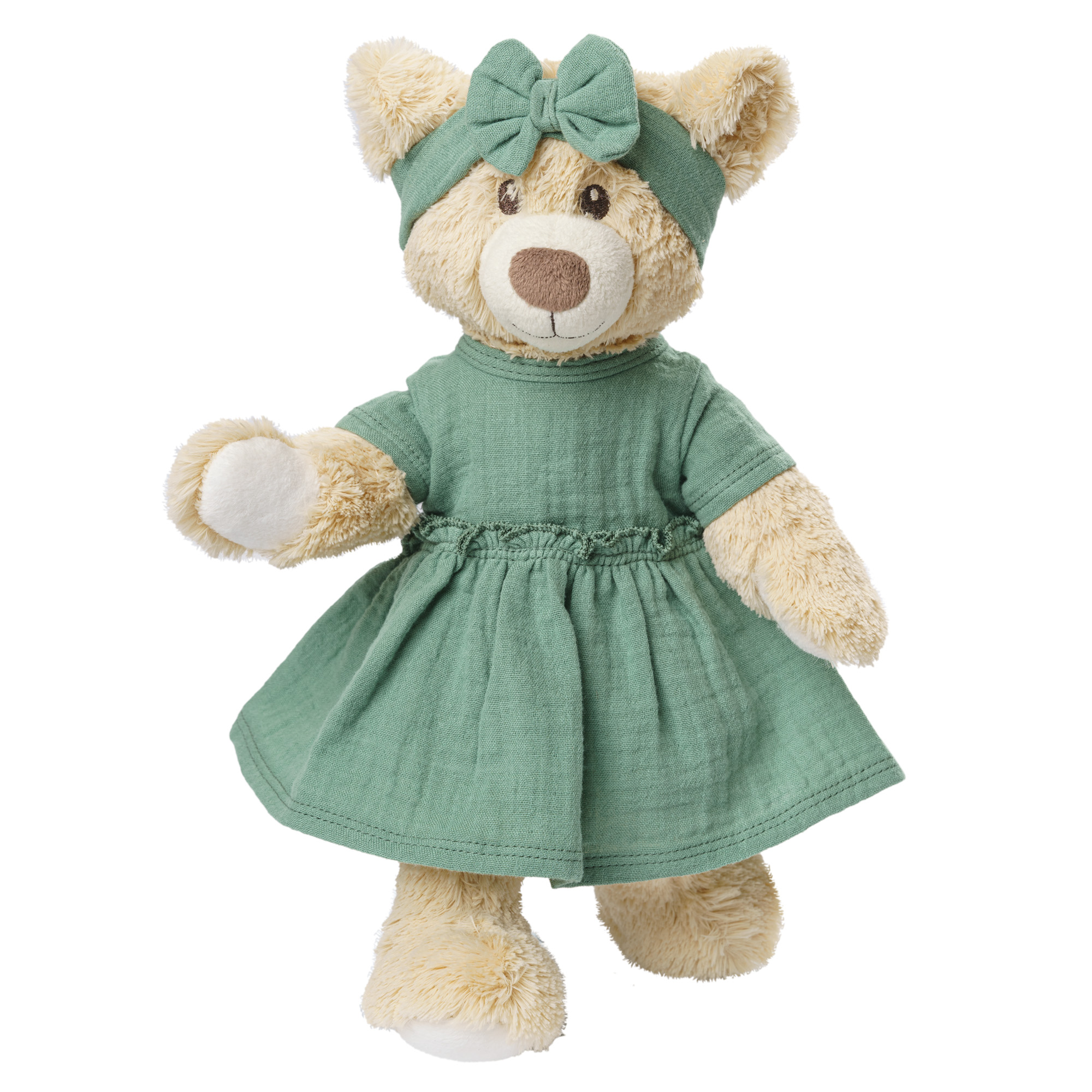 Doll dress made of 100% organic cotton with ruffles and hairband, sage green, 2 pieces, size 35-45 cm