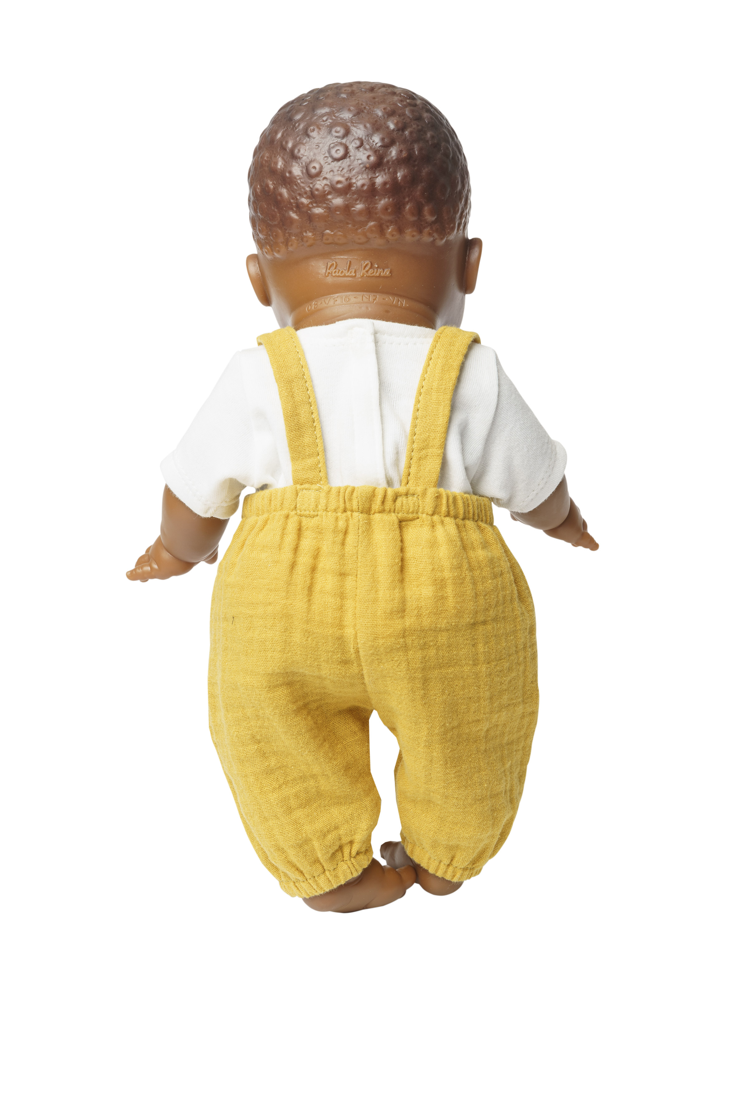 Puppen-Latzhose aus 100 % Bio-Baumwolle, honiggelb, mit weißem T-Shirt, 2-teilig, Gr. 28-35 cm