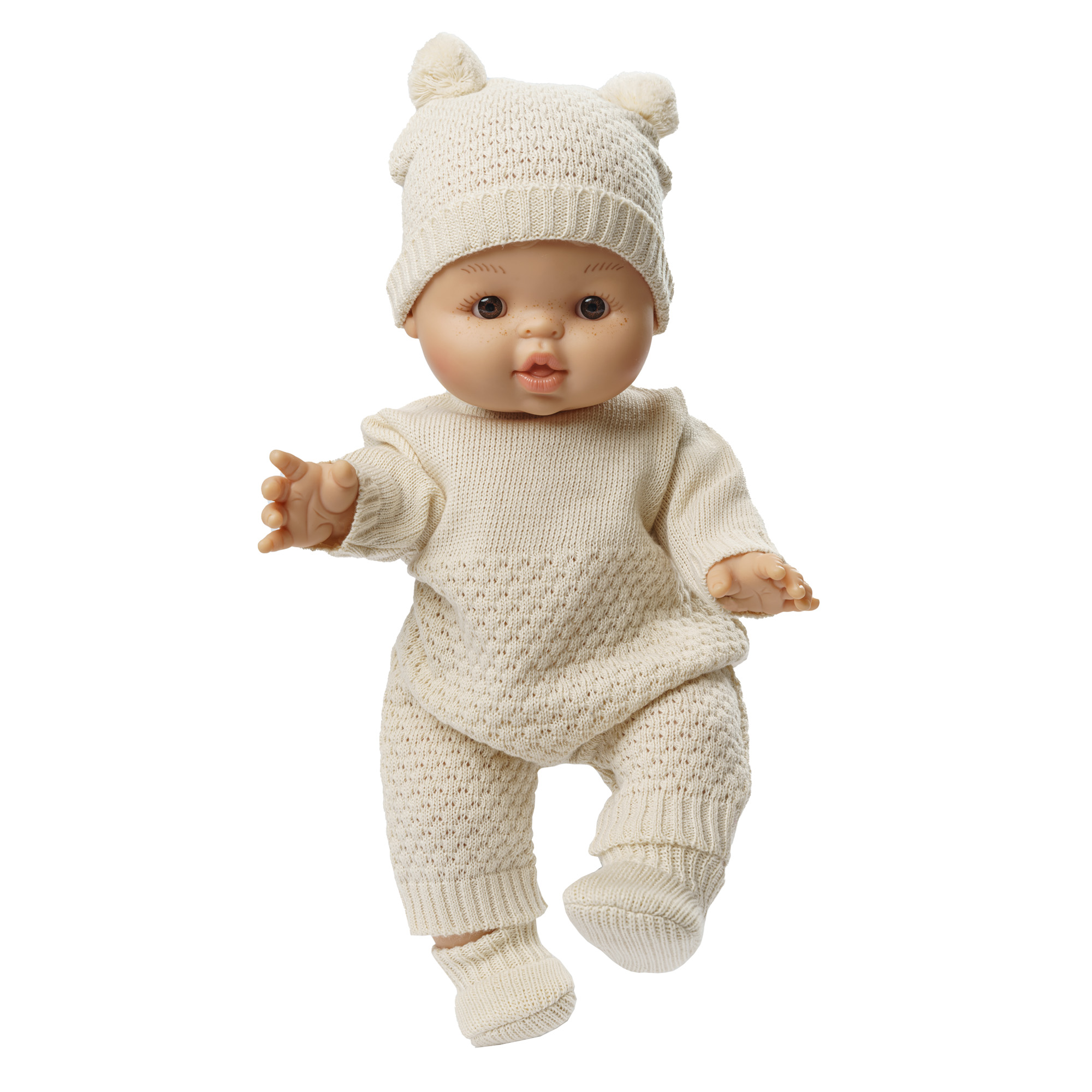 Knitted doll set with bobble hat and shoes made of 100% organic cotton, ecru, 2 pieces, size 35-45 cm