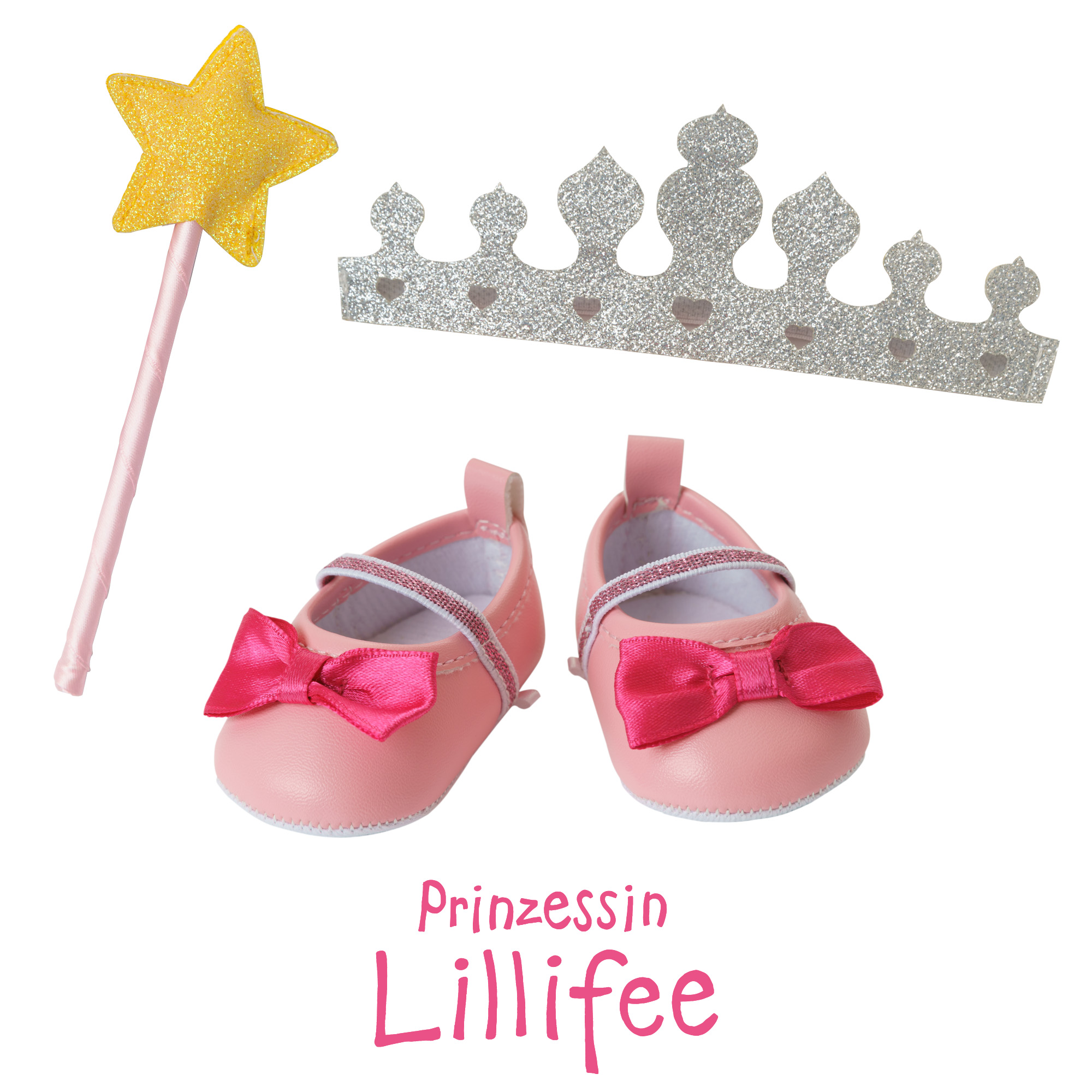 Puppen-Accessoires-Set "Prinzessin Lillifee", 3-teilig : Ballerinas, Glitzerkrone und Zauberstab, Gr. 38-45 cm