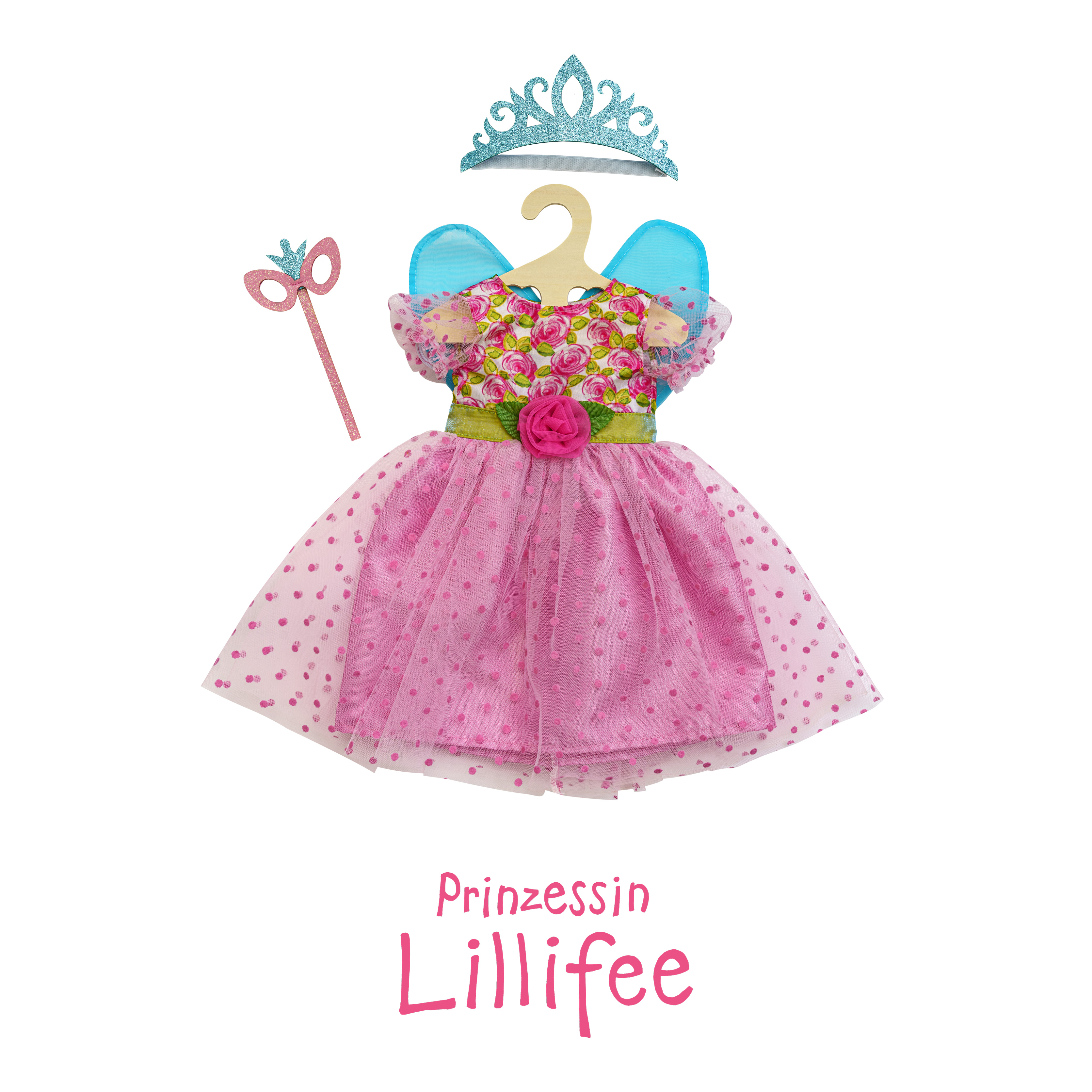 Puppenkleid "Prinzessin Lillifee" mit Glitzerkrone und Augenmaske, 3-teilig, Gr. 35-45 cm
