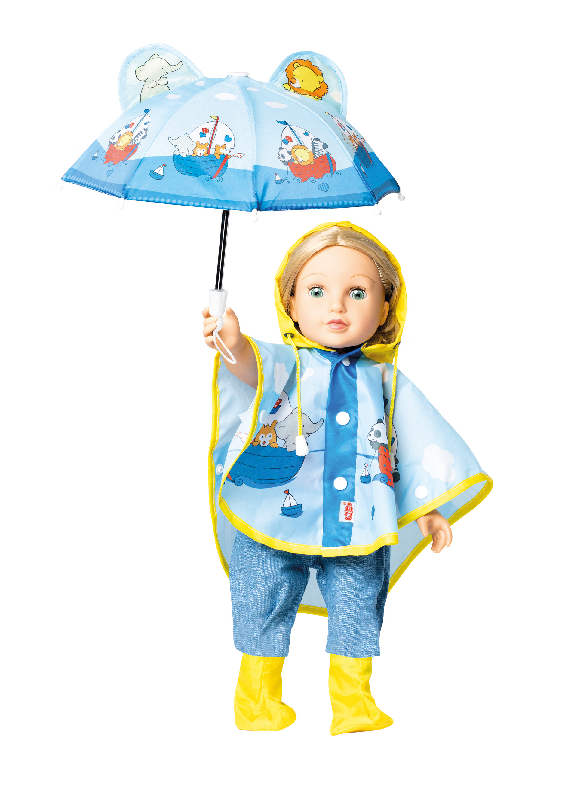 Regencape mit Puppenschirm und Regenstiefeln, Gr. 35-45 cm