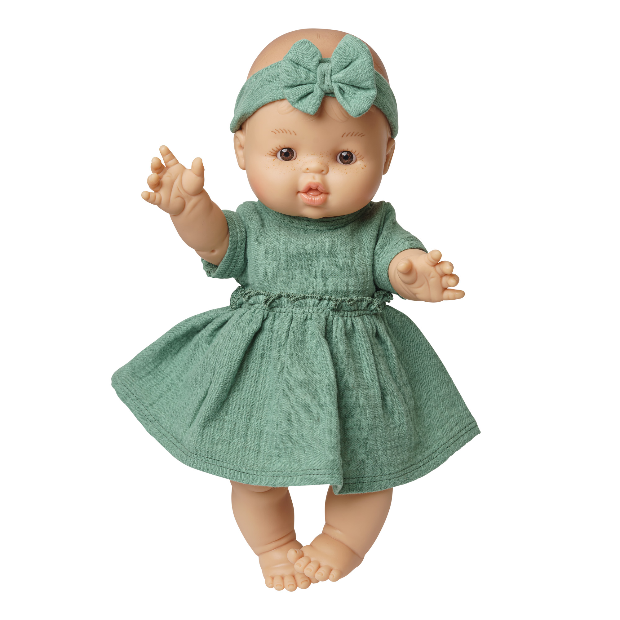 Doll dress made of 100% organic cotton with ruffles and hairband, sage green, 2 pieces, size 35-45 cm